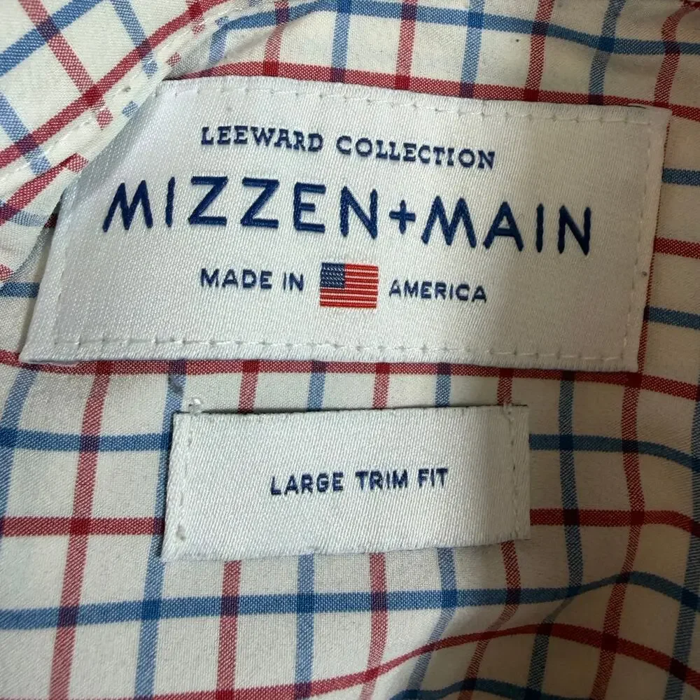 Mizzen+Main Men L Red White Blue Windowpane Long Sleeve Trim Fit Shirt Patriotic